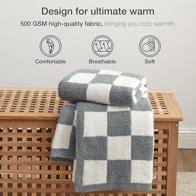 EXQ Home Checkered Throw Blanket, Knitted Blanket with Checkerboard Grid Pattern, Soft Cozy Fluffy Blankets for Couch Bed Sofa, Warm Fuzzy Plaid Blanket for All Seasons(Bluish Grey, 50"×60")