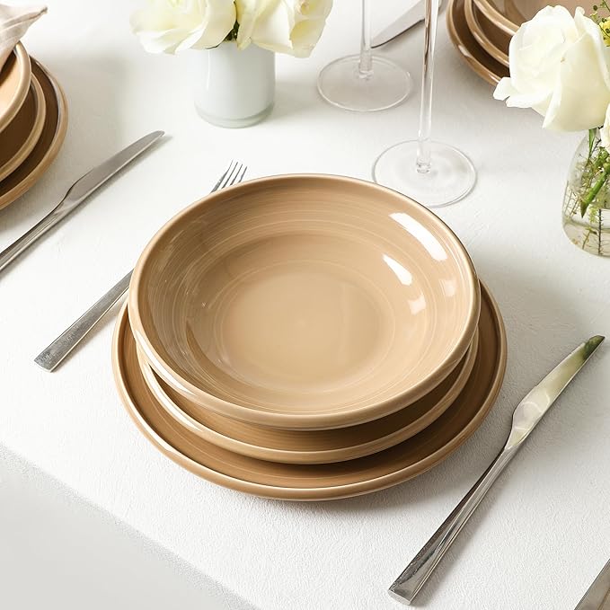 Earth & Clay Harmony 12-Piece Dinnerware, Stoneware, Plates and Bowls, Includes Dinner and Salad Plates, Cereal Bowls, Dishwasher and Microwave Safe, Dish Set for 4, Beige