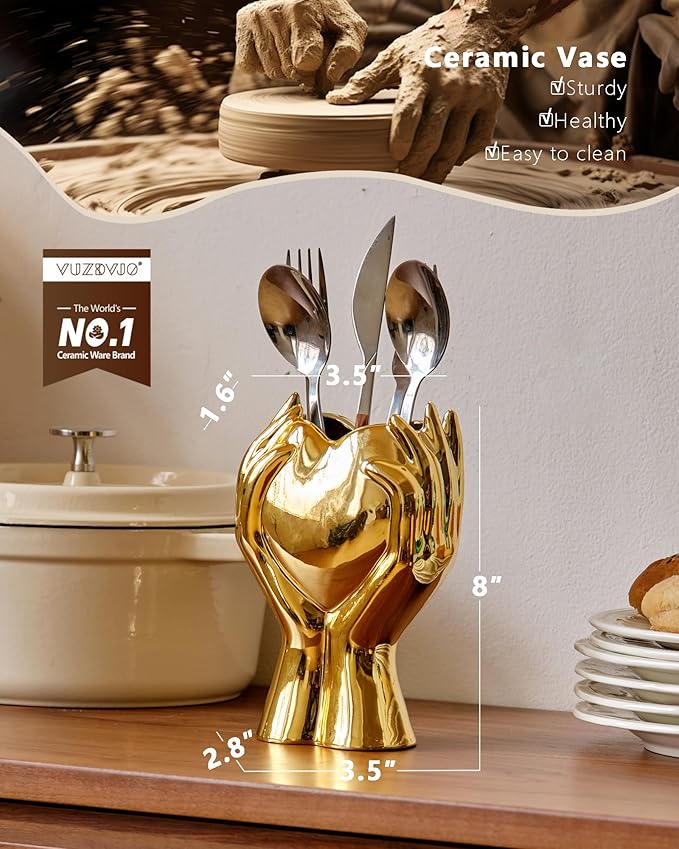 8" Heart Hand Gold Ceramic Vase - Unique Modern Aesthetic Flowers Vase for Living Room Bedroom Office Kitchen Table Centerpiece or Shelf Decor-Gifts for Wedding Bridal Shower Women Mom (Gold)