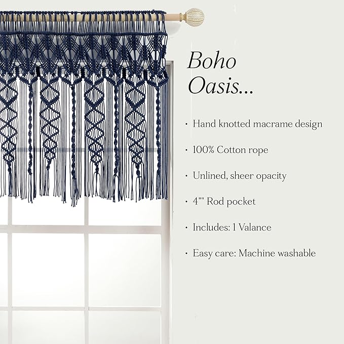 Lush Decor Boho Macrame Textured Cotton Valance, 40" W x 30" L, Navy - Boho Kitchen Curtains & Wall Decor - Macrame Valance - Bathroom Window Curtains