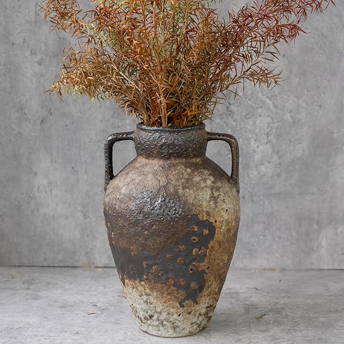 Ceramic Rustic Farmhouse Vase with 2 Handles, Brown 10" Vintage Distressed Clay Flower Vase, Pottery Terracotta Handmade Decor for Home Living Room Table Centerpiece