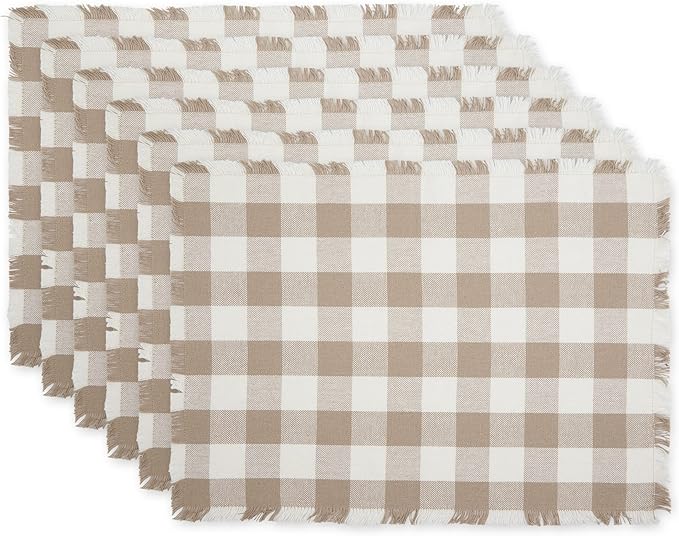 DII Heavyweight Fringed Check Tabletop Collection, Placemat Set, 13x19, Stone Brown, 6 Piece