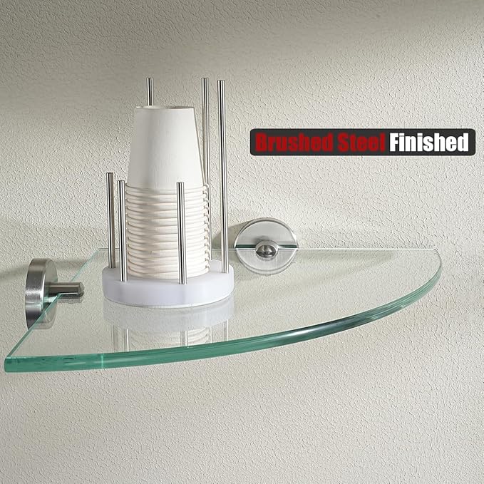 JQK Corner Glass Shelf, Brushed Steel Bathroom 304 Stainless Steel Shower Triangle Floating Wall Shelf, 10 x 10 Tempered Glass, 2 Pack, TGS190L10-BN-P2