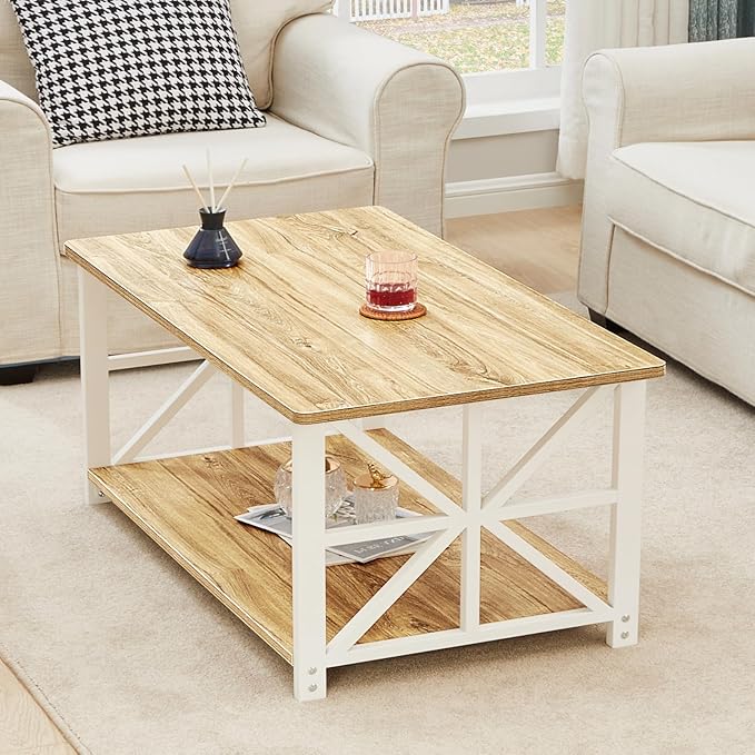GreenForest Coffee Table with Round Corner, Farmhouse Center Table with 2-Tier Storage Shelf X-Frame Design for Living Room, 39 inch Oak