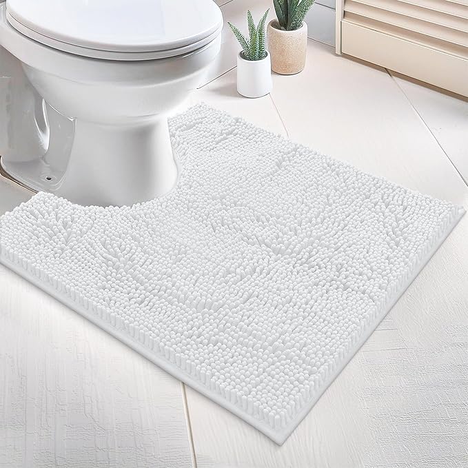 Bathroom Rugs Sets 2 Piece, Luxury Chenille Bath Mat Set, Soft Plush Anti-Slip Bath Rug + U-Shaped Toilet Mat. Microfiber Shaggy Carpet, Super Absorbent (24” x 36” & 20” x 24” U, White)