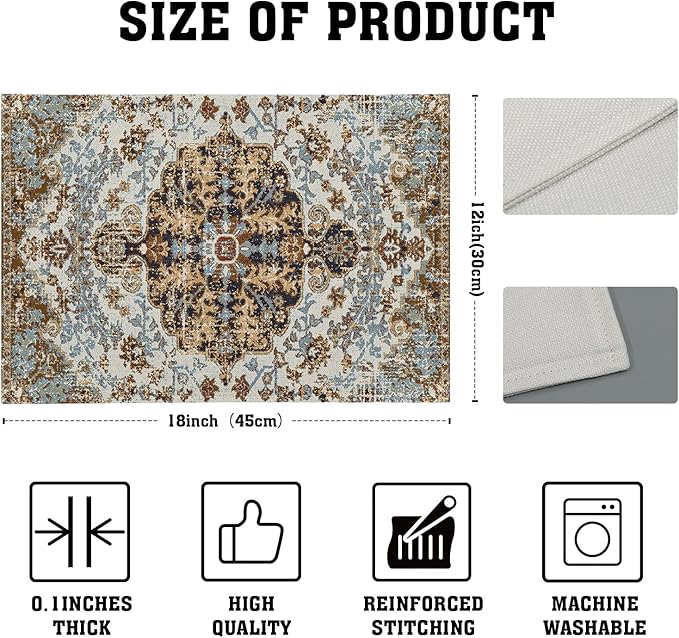 Ethnic Boho Placemats Set of 6 Bohemian Carpet Vintage Black Teal Grey Floral Linen Washable Kitchen Dining Table Mats Stain Heat-Resistant Desktop Decor Place Mats for Home Party Indoor 12x18 in