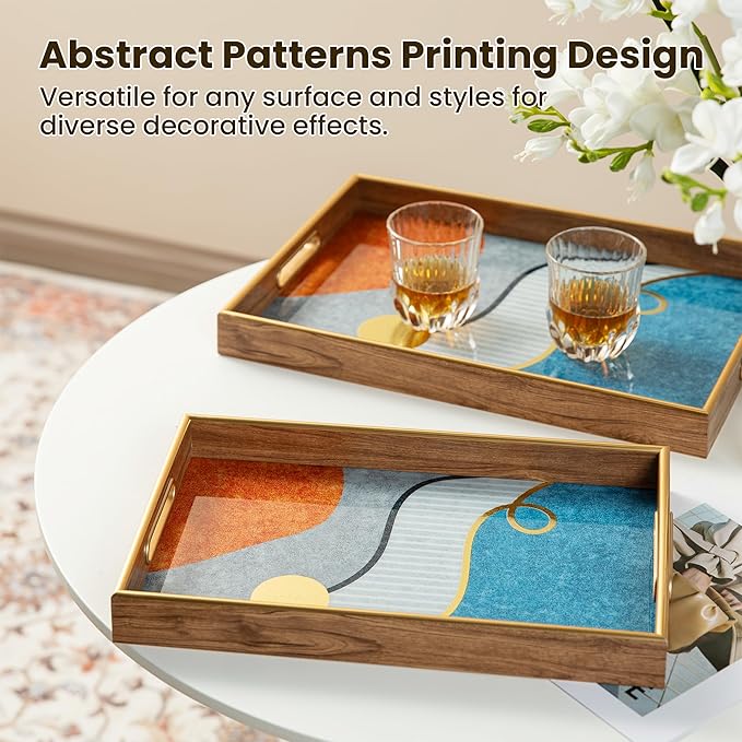 Glitzhome Serving Tray with Handles, Set of 2 Rectangle Wooden & Plastic Abstract Decorative Trays Storage Tray for Living Room Ottoman Coffee Table Parties Supplies, 17.5" x12.5" and 15.75" x 9.75"