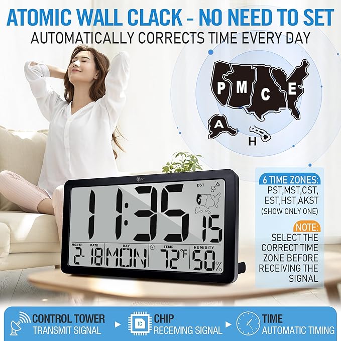 TXL Atomic Wall Clock with Backlight, Battery Operated Digital Wall Clock with Temperature, Humidity and Date, Large Display, Auto DST, 6 Time Zone(Black)