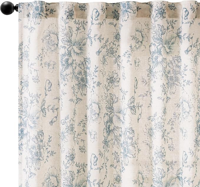 jinchan Linen Blend Curtain Floral Curtains for Living Room 45 Inch Length Blue Printed Curtain Rod Pocket Back Tab Farmhouse Peony Flower Patterned Drapes Bedroom Window Curtains Set 2 Panels