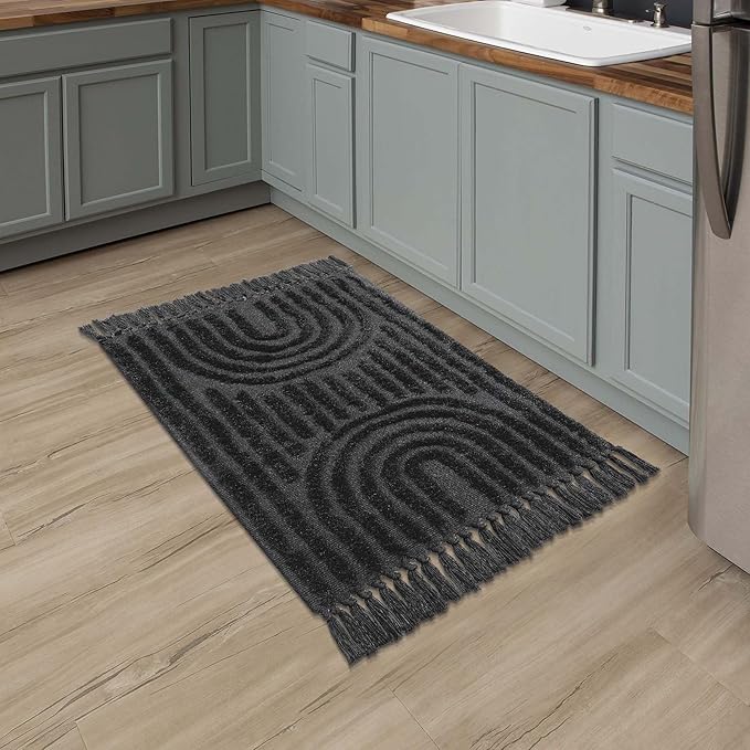 LEEVNA Washable Bathroom Rugs 2'x3', Hand-Woven Kitchen Rug with Tessal, Dark Grey Bedroom Throw Rugs, Boho Tufted Rainbow Rugs, Farmhouse Indoor Door Mat for Entryway/Porch/Back Door