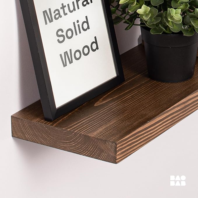 BAOBAB WORKSHOP Wood Floating Shelves Set of 2 - Rustic Shelf 24 inch - Floating Shelf for Wall Mounted - Wide Wooden Wall Shelves for Living Room Bedroom Kitchen Bathroom - Walnut - 24D x 6.7W