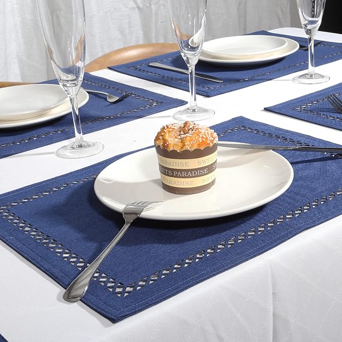 Placemats Set of 4 for Dining Table with Hollow Edge Design- Table Mats 12x 18 Inch, Cloth Place mats Machine Washable (Blue 4pcs)
