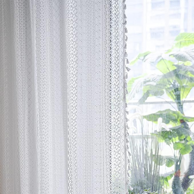 Boho Sheer Lace Curtain Crochet Vintage with Handmade Macrame Tassel Knitted Window Treatment Drape for Bedroom Living Room Kitchen (1 Panel Crochet White, 59"x 84")