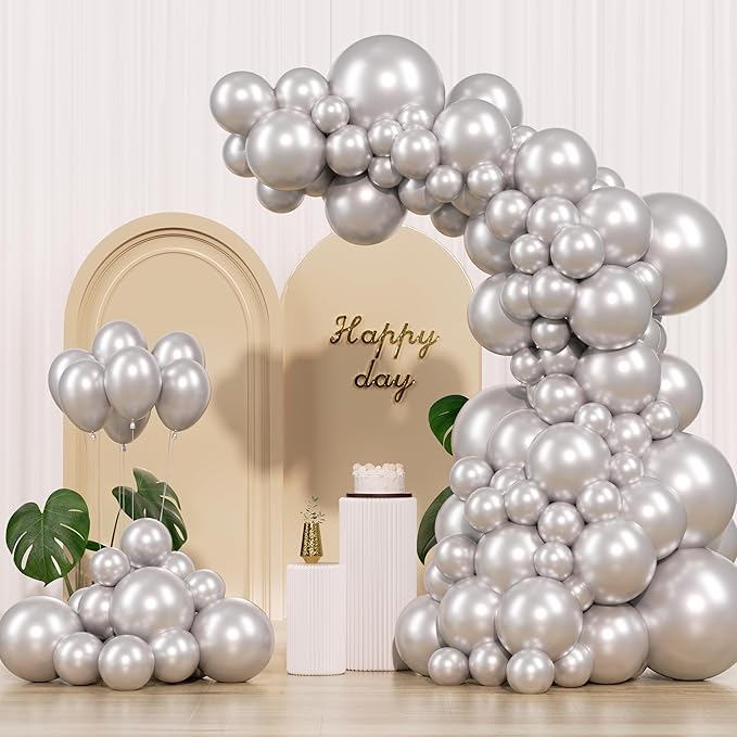 Metallic Silver Balloons 145pcs Different Sizes 5in 10in 12in 18in Chrome Silver Shiny Round Latex Balloon Arch Kit Garland for Wedding Baby Shower Birthday Party Decor