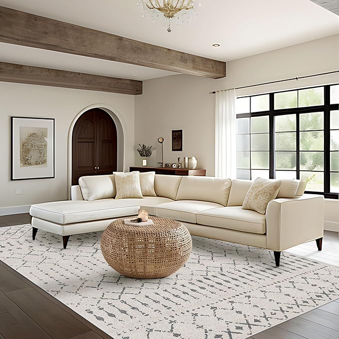 5x8 Area Rugs for Living Room, Washable Rugs Moroccan Boho Farmhouse Rug with Non-Slip Backing, Soft Low Pile Indoor Floor Carpet Neutral Rug for Bedroom Dining Room, Off White/Grey