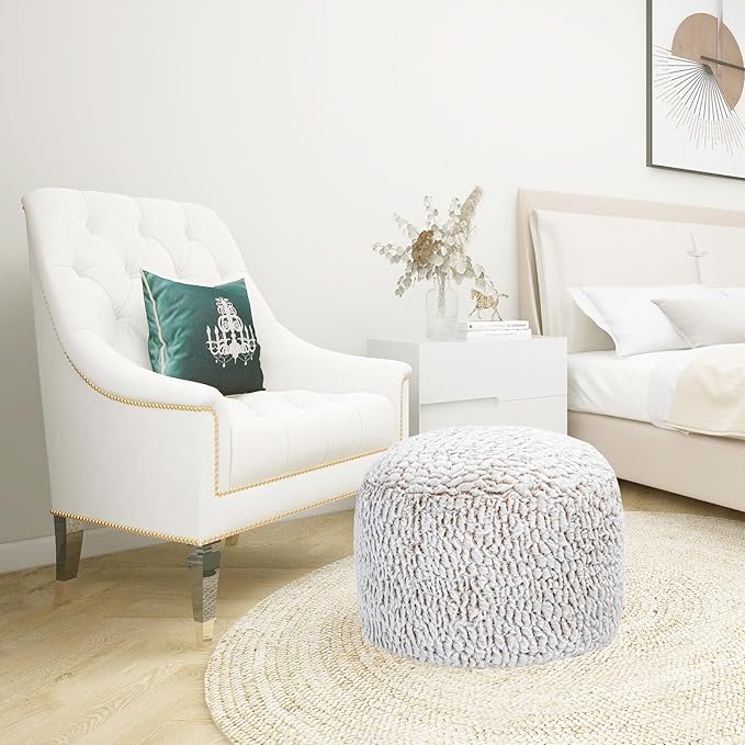Asuprui Pouf Ottoman Stuffed Round Poof Ottoman Seat Foot Stool with Filler 20x20x12 Inches Fuzzy Chair Floor Pouf Chair Foot Rest with Storage for Living Room Bedroom Snow Coffee Pouf with Filler