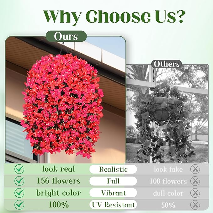4 Pcs UV Resistant Artificial Flowers for Outdoors, Realistic Faux Silk Bougainvillea Flowers, Fake Hanging Plants for Porch Patio Balcony Decoration (Rose red & Red)
