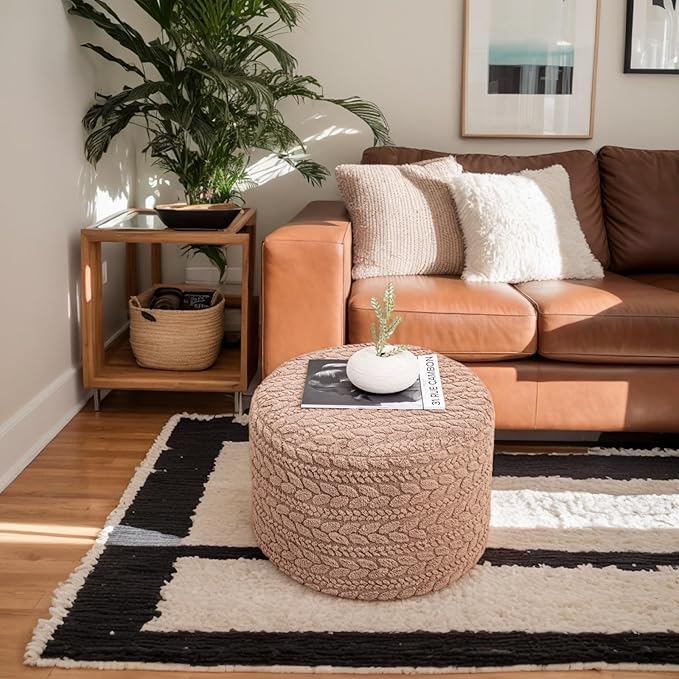 Round Pouf Ottoman 20 x 20 x 14 Inches Boho Poof Home Decor Floor Pouffe Ottoman Foot Rest for Couch Sofa Bean Bag Chairs Living Room Bedroom (Tan)