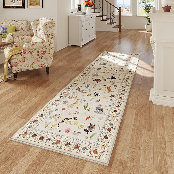 Runner Rug for Kitchen Non Slip 2'6''x8' Washable Rugs with Rubber Backing Soft Floral Animal Cat Carpet Runner for Kitchen Laundry Bedroom Bathroom, Beige