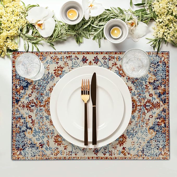 Ethnic Boho Placemats Set of 6 Bohemian Carpet Vintage Orange Grey Floral Linen Washable Kitchen Dining Table Mats Stain Heat-Resistant Desktop Decor Place Mats for Home Party Indoor 12x18 in