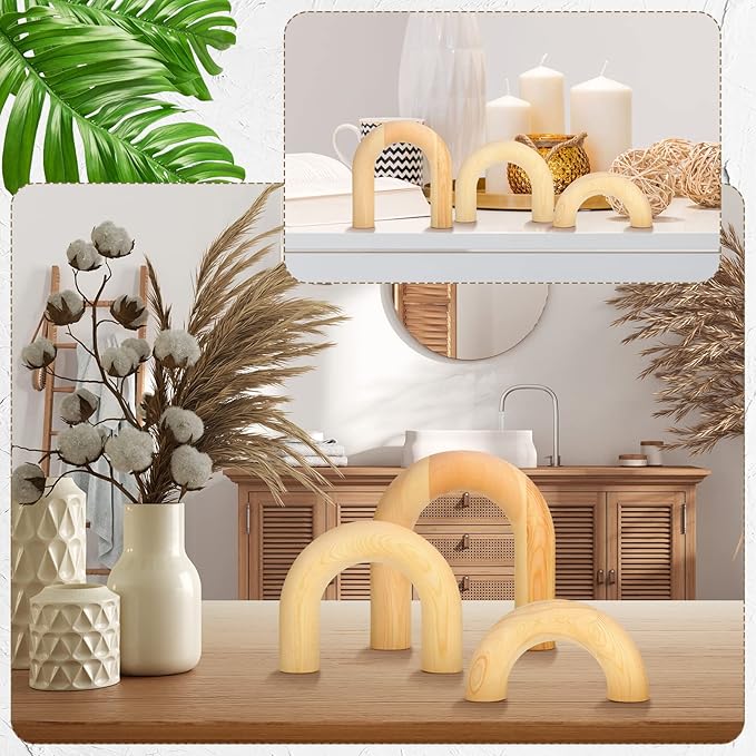 Qunclay 3 Pcs Wood Arch Decorative Objects Coffee Table Decor Modern Bookshelf Boho Home Decor for Shelves Mantel, Aesthetic Shelf Accent for Living Room Entryway(Wood Color)
