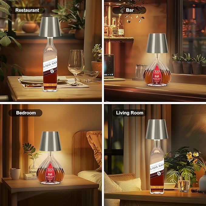 Wireless Bottle Lamp, 2025 New 3 Color Rechargeable Wine Bottle Lights for Bars Restaurants (Silver, 1PC)