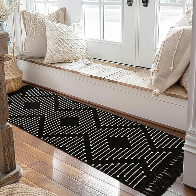 Tritard Boho Runner Rug 2x8 - Lightweight Washable Long Hallway Rug with Tassel, Thin Woven Farmhouse Kitchen Runner Rugs Cotton Aztec Indoor Carpet for Entryway, Laundry, Bathroom, Black and White