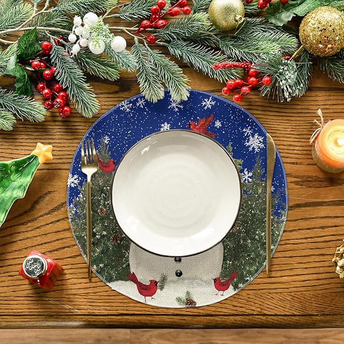 Artoid Mode Snowman Trees Snowflakes Blue Christmas Round Placemats Set of 4, 14 Inch Winter Round Table Mats for Dining Decoration