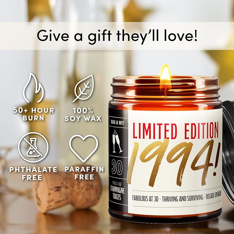 Wax & Wit 30th Birthday Gifts for Women, Birthday Candles - Scented with Champagne Bubbles - 30 Year Old Gift Ideas – 9oz, Soy Wax, 50 Hour Burn, Premium Candle