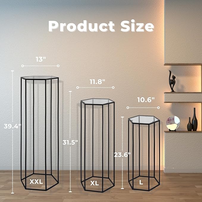 3PCS Hexagon Black Plant Stand Flower Stand for Party, Tall Metal Pedestal Stands for Display Decoration, Cake, Birthday, Wedding, Baby or Bridal Shower, Cylinder Column for Desserts