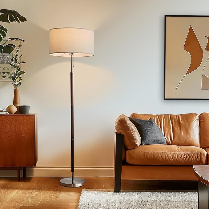 Brightech Carter LED Floor Lamp, Walnut Wood Finish, Mid-Century Modern Drum Shade for Living Room & Office Decor