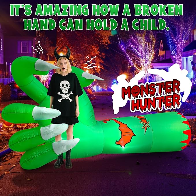 Halloween Inflatables, 9Ft Monster Hand Decorations, Scary Blow Up inflatables with Built-in LEDs, Blood Wound Lighted Yard Decorations, for Indoor Outdoor Holiday Yard Garden Lawn