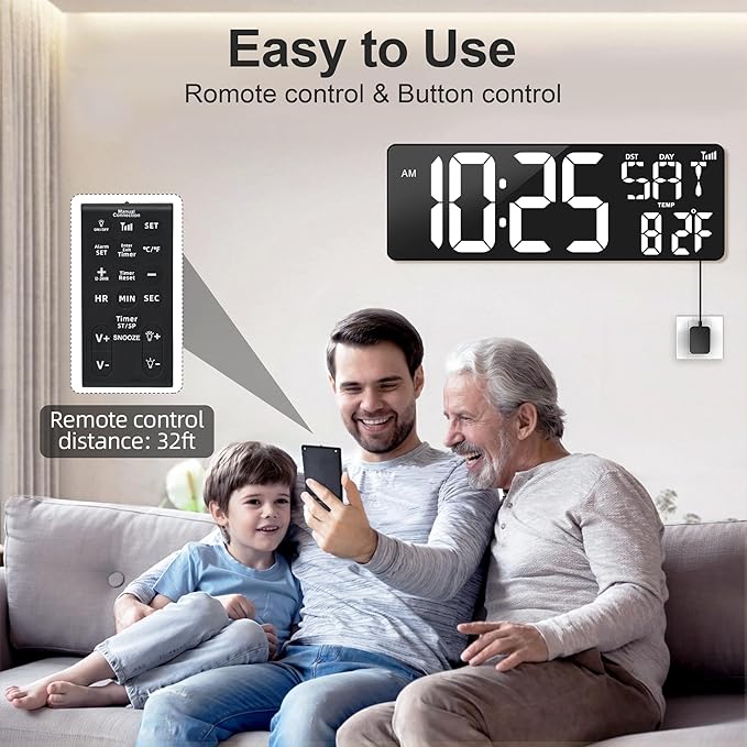 XREXS 17.2" Digital Wall Clock with Remote Control, Bluetooth Sync Time LED Digital Clock for Living Room Decor, Auto DST, Temperature for Living Room, Gift for Elderly and Teens