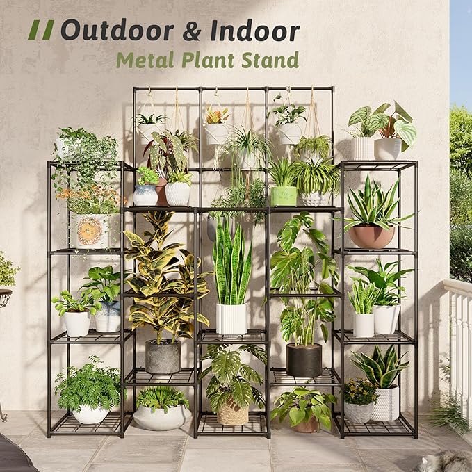 Metal Plant Stand Outdoor 63" Tall Plant Shelf for Plants 14-Tier Large Plant Sheves for Indoor Plants Living Room Heavy Duty Rack Garden Balcony Patio Hanging Planter