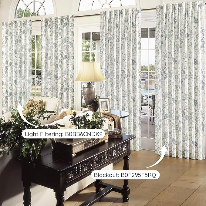 Kayne Studio Botanical Print Semi Sheer Curtains Blue Grey Floral Leaf Farmhouse Linen Curtain Drapes Light Filtering Window Treatments for Living Room Bedroom Rod Pocket Back Tab,52"x63",2 Panels