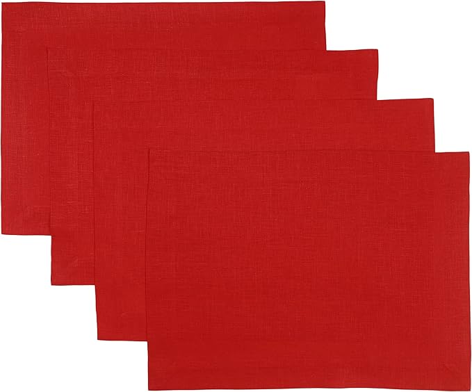D'Moksha Homes Linen Placemats 14 x 19 Inch - Bright Red Placemats Set of 4-100% Pure Linen Table Place Mats for Summer - Handcrafted and Machine Washable