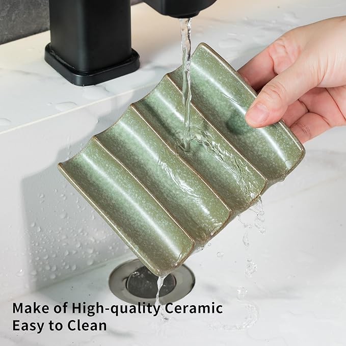 Draining Ceramic Soap Dish - Fluted Design, Bar Soap Holder for Shower & Bathroom, Soap Saver Sponge Lift, Green