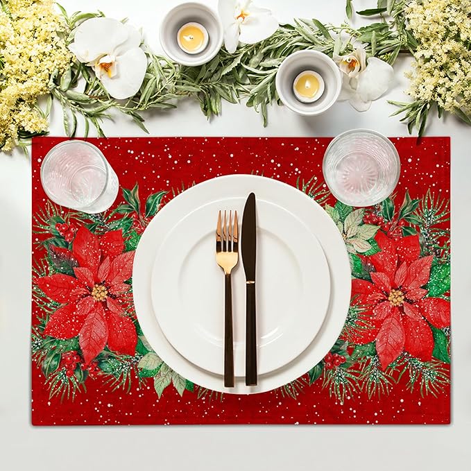 Red Poinsettias Placemats for Dining Table Set of 4, 12 x 18 Inch Red White Floral Xmas Tabletop Mats Red Rectangle Table Mat for Winter Holiday Party Kitchen Table Decor
