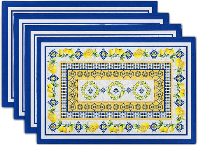 Lemon Summer Table Placemats for Dining 12 x 18 Inch Set of 4,Blue Yellow Boho Heat-Resistant Washable Table Non-Slip Rectangle Place Mat for Seasonal Party Kitchen Dining Table Decor
