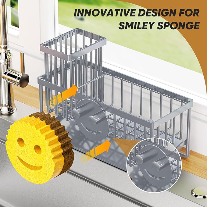 Sponge Holder for Kitchen Sink,Smiley Face Sink Caddy with Removable Brush Holder,Self-Draining Sponge Caddy for Sponge,Soap,Dish Brush,Scrubber,Kitchen Essentials and Gadgets-Gray
