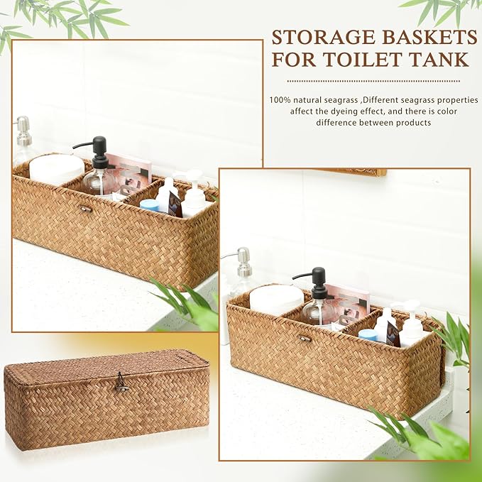 Cunhill 2 Pieces Seagrass Baskets with Lid Toilet Paper Basket with Lid Rectangular Hand Woven Wicker Bin Storage Box for Toilet Dresser Shelves Organizing(16.54 x 5.51 x 5.51 Inches,Khaki)