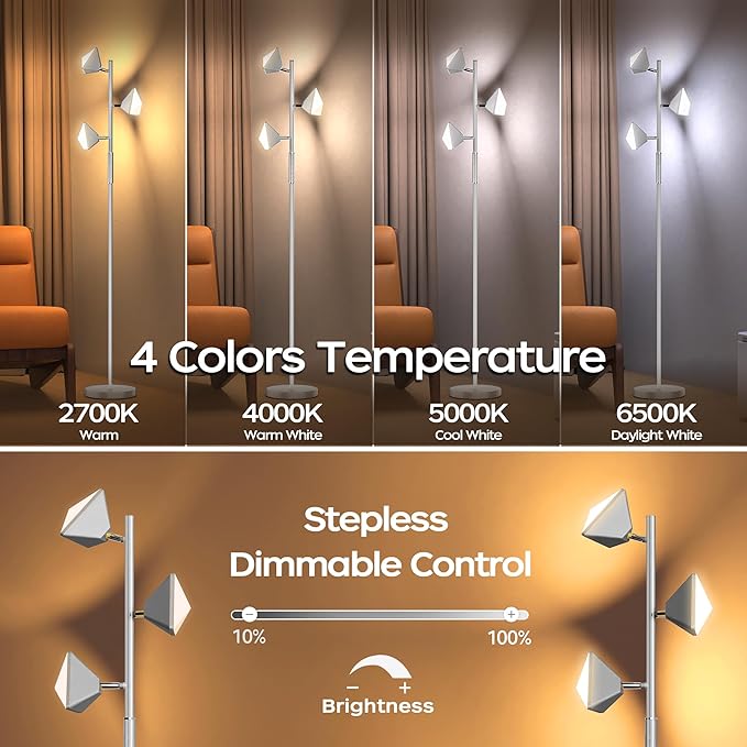 QiMH LED Tree Floor Lamp, Modern Floor Lamp for Living Room with 3 Lights,4 Color Change, 36W Stepless Dimmable Tall Standing Lamp with Touch and Remote Control for Bedroom Home Office, Silver