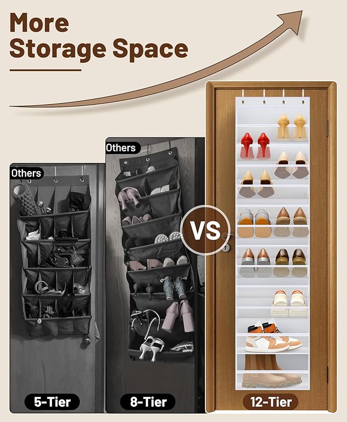 MISSLO 12 Tier Over the Door Shoe Organizer Hanging Shoe Rack for Closet Storage Sneaker Holder for Door Fit 24 Pairs Sandals, Heels, Boots (White)