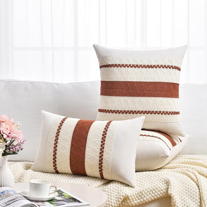 Fancy Homi Set of 2 Rust Boho Decorative Throw Pillow Covers 20x20 Inch for Couch Bed Sofa, Aesthetic Modern Organic Fall Room Decor, Soft Cotton Cute Terracotta Textured Farmhouse Cushion Case