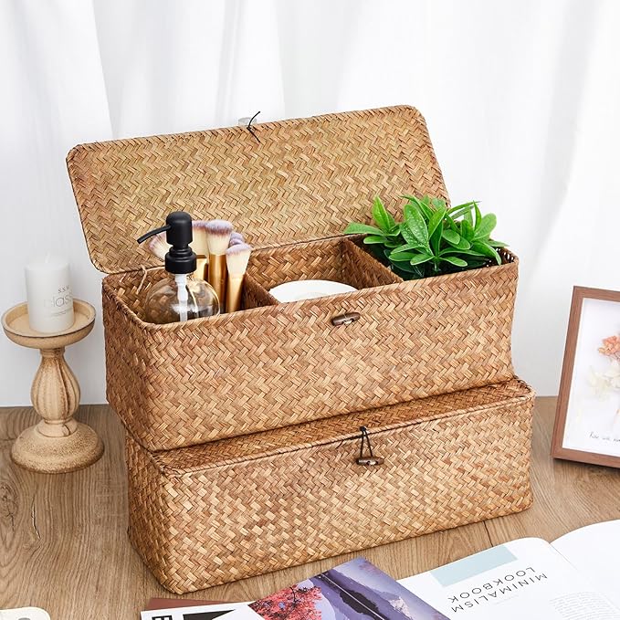 Cunhill 2 Pieces Seagrass Baskets with Lid Toilet Paper Basket with Lid Rectangular Hand Woven Wicker Bin Storage Box for Toilet Dresser Shelves Organizing(16.54 x 5.51 x 5.51 Inches,Khaki)