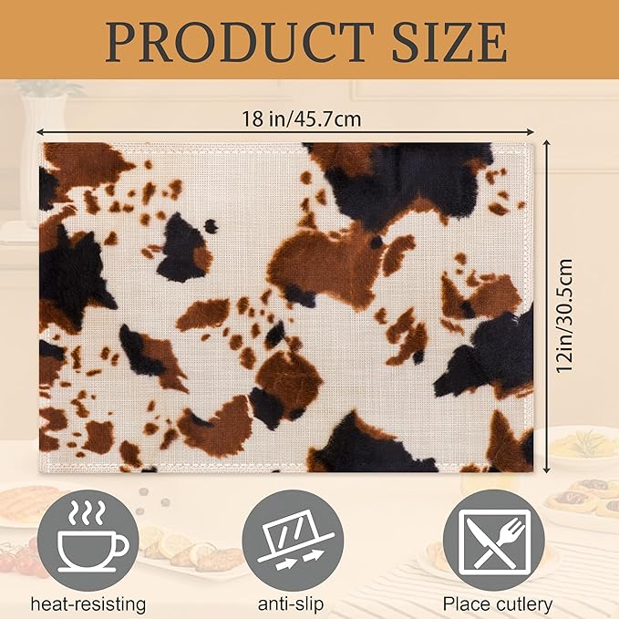 Cow Print Placemats Set of 6,Washable Heat Resistant 12×18 Inch Linen Table Mats Farmhouse Place Mats for Party Outdoor Dining Décor
