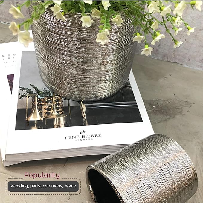 WGVI Silver Etched Ceramic Cylinder Vase Width 6.5" Height 6", Flower Arrangements, Candle Holder, Terrarium Planter Pot, Storage Container Organizer, Pen Brush Holder, Scratched Texture Design, 1 Pc