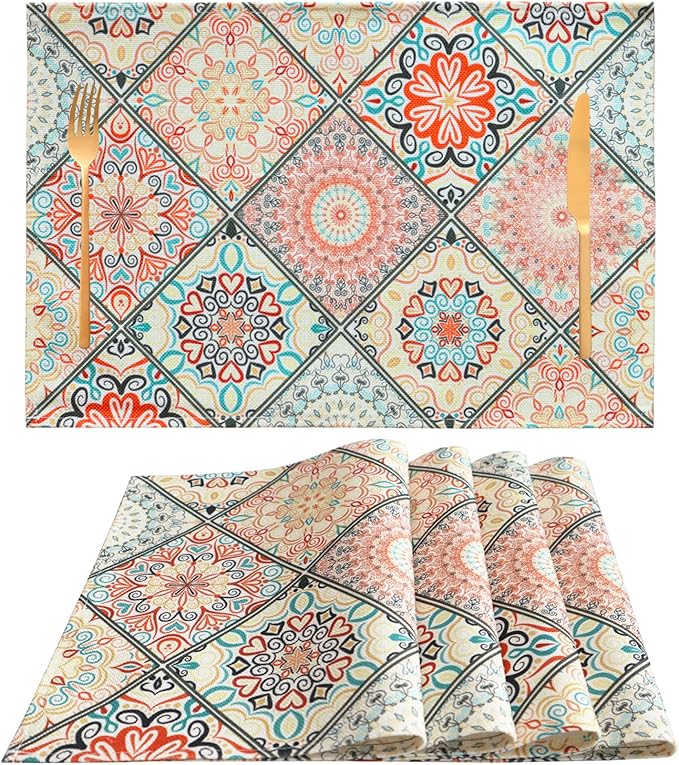 Table Placemats Set of 4 Boho Place Mats Linen Wipeable Placemats Heat Resistant Washable Placemats Fabric Waterproof Rectangle Table Mat for Kitchen Dining Dinner 18 X 12 Inch, Boho