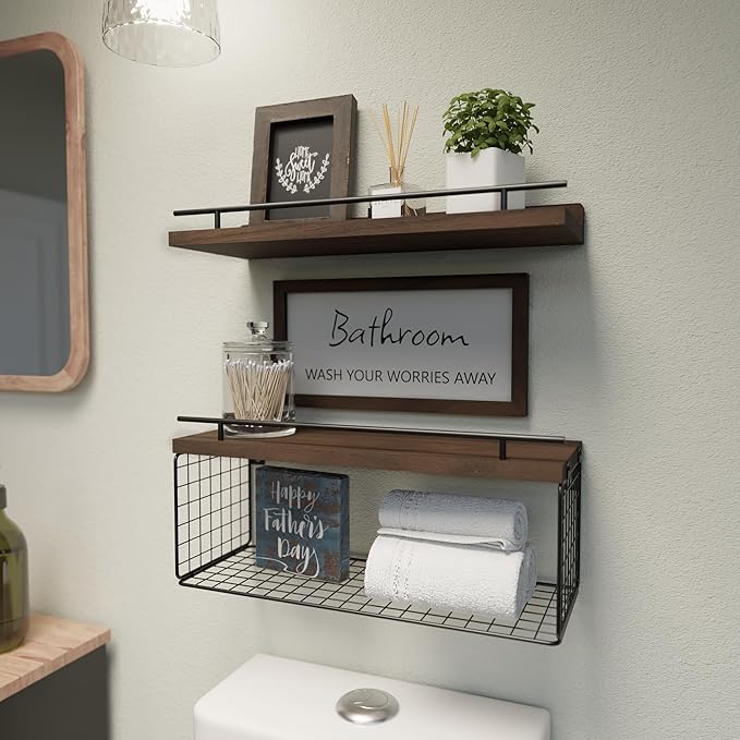 WOPITUES Floating Shelves for Bathroom Wall Decor Sign, Bathroom Organizers and Storage, Bathroom Shelves Over Toilet with Metal Guardrail-Rustic Brown