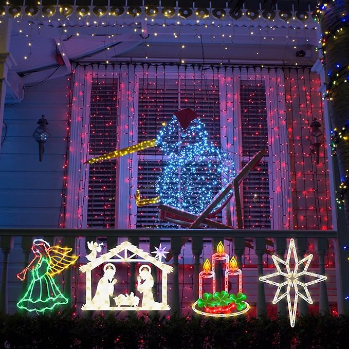 16" Christmas Window Silhouette Lights - 6 Pack Colour Lighted Bell, Angel, Candle, Nativity, Bethlehem Star, Reindeer for Holiday Indoor and Outdoor Wall Door Window Decorate